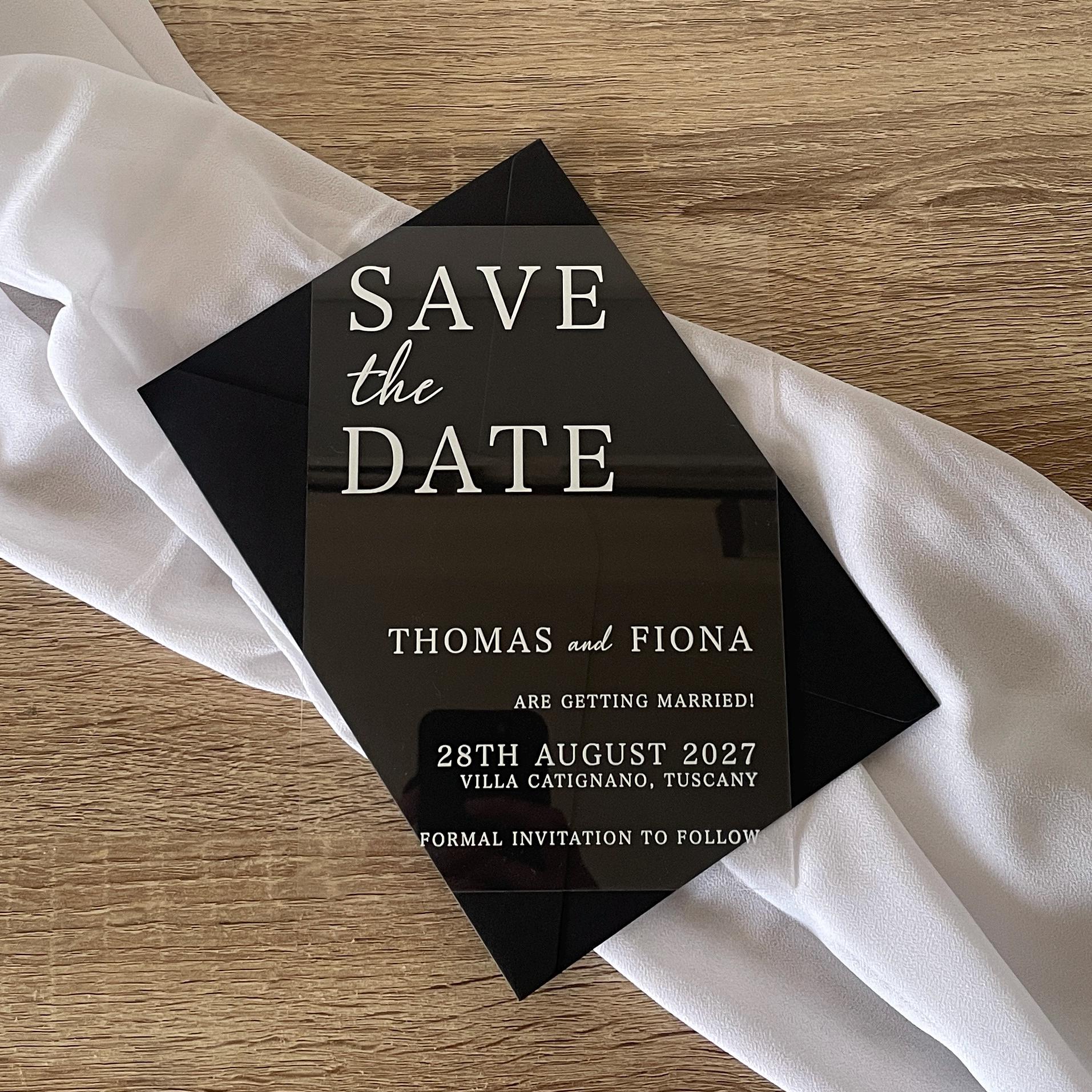 Clear Acrylic Save The Date | Black & White Modern Wedding