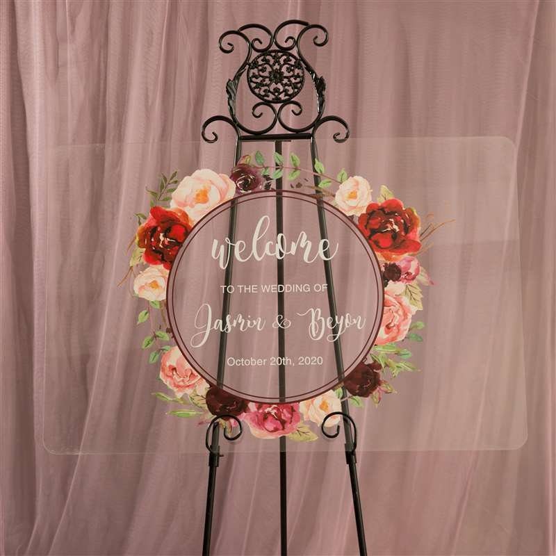 Burgundy Blush Floral Wreath Acrylic Wedding Welcome Sign