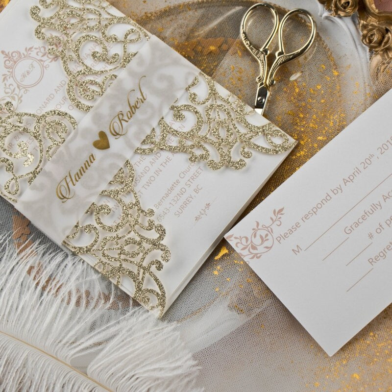 Champagne Gold Glitter Lasercut Gatefold Wedding Invitation with Vellum Belly Band & Gold Foiling