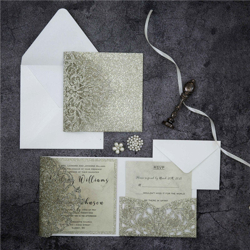 Champagne Gold Glitter Pocket fold Lasercut Wedding Invitation