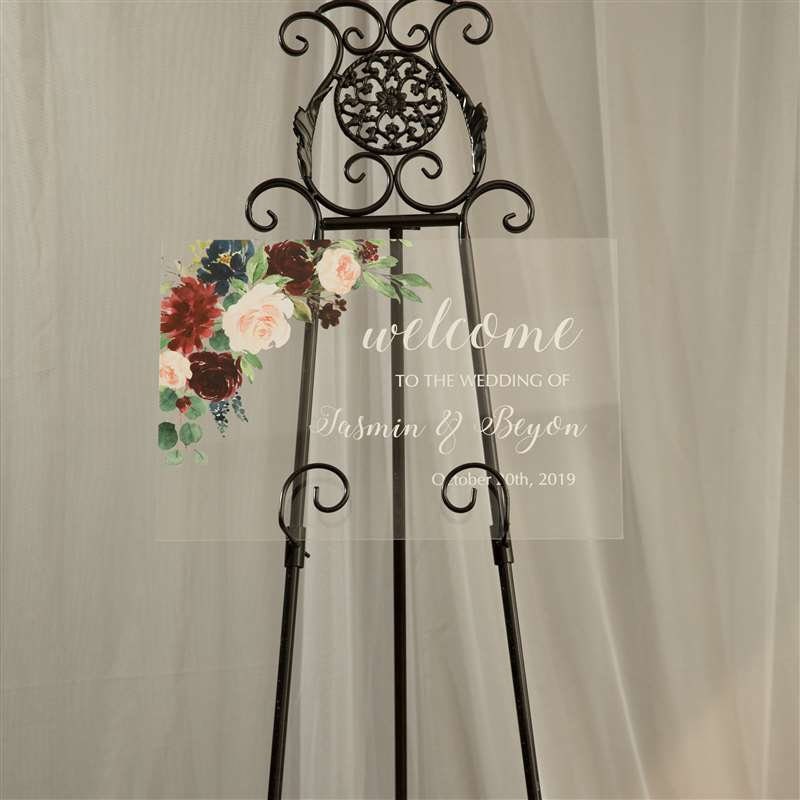 Burgundy Floral Acrylic Wedding Welcome Sign
