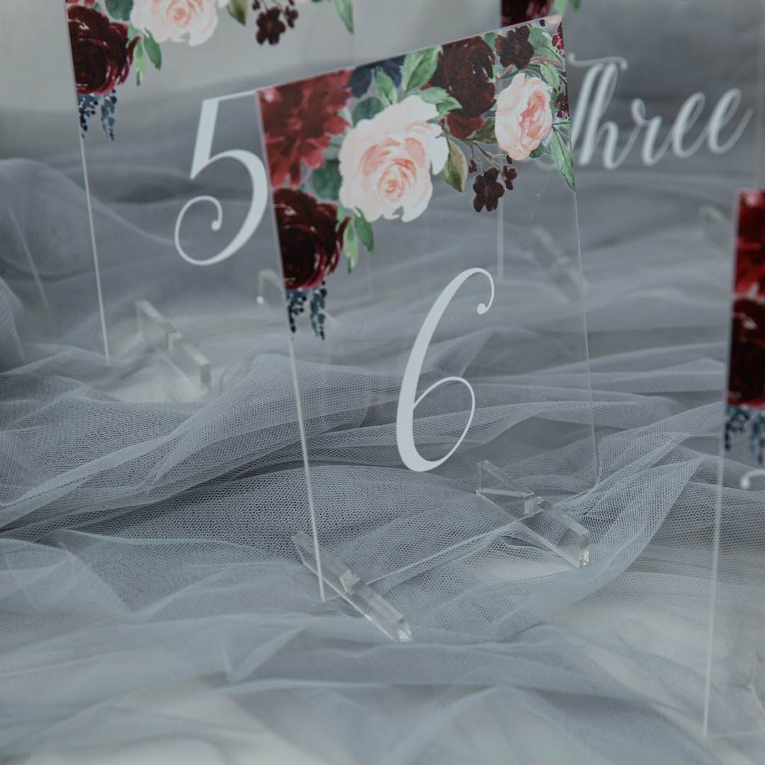 Burgundy Floral Acrylic Wedding Table Number or Name Sign