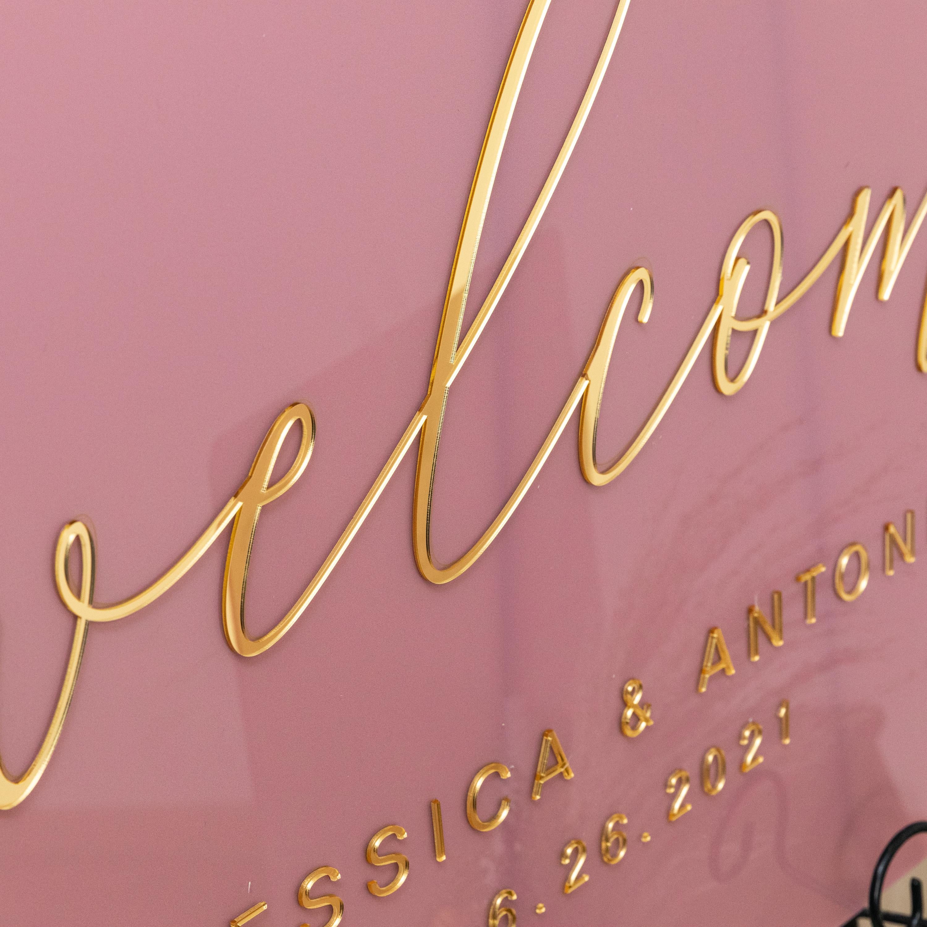 3D Gold Acrylic Wedding Welcome Sign, Dusty Pink Acrylic Decor