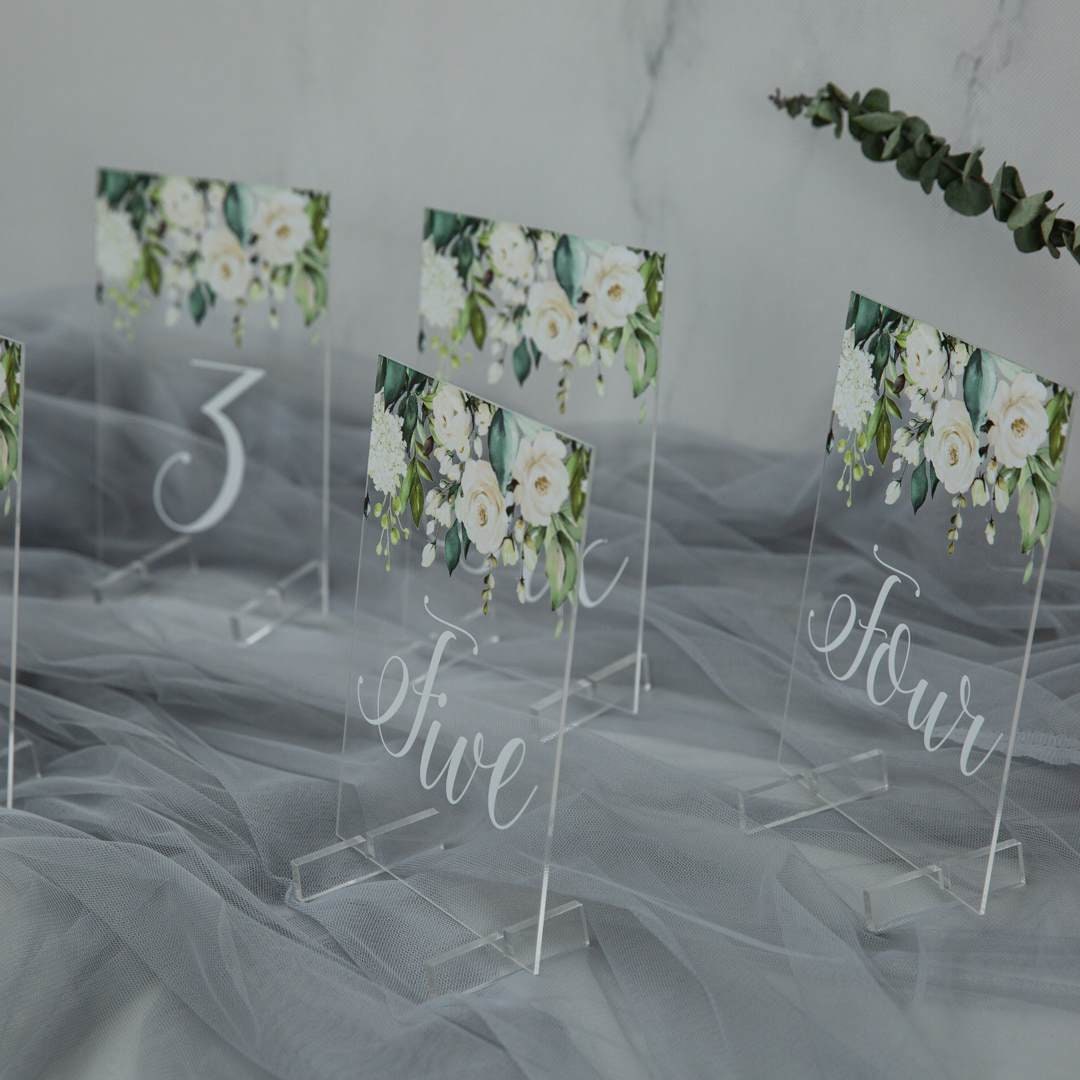 White & Foliage Floral Acrylic Table Numbers