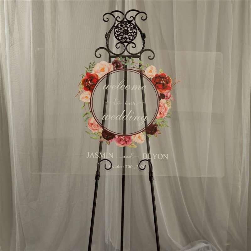 Burgundy Blush Floral Wreath Acrylic Wedding Welcome Sign