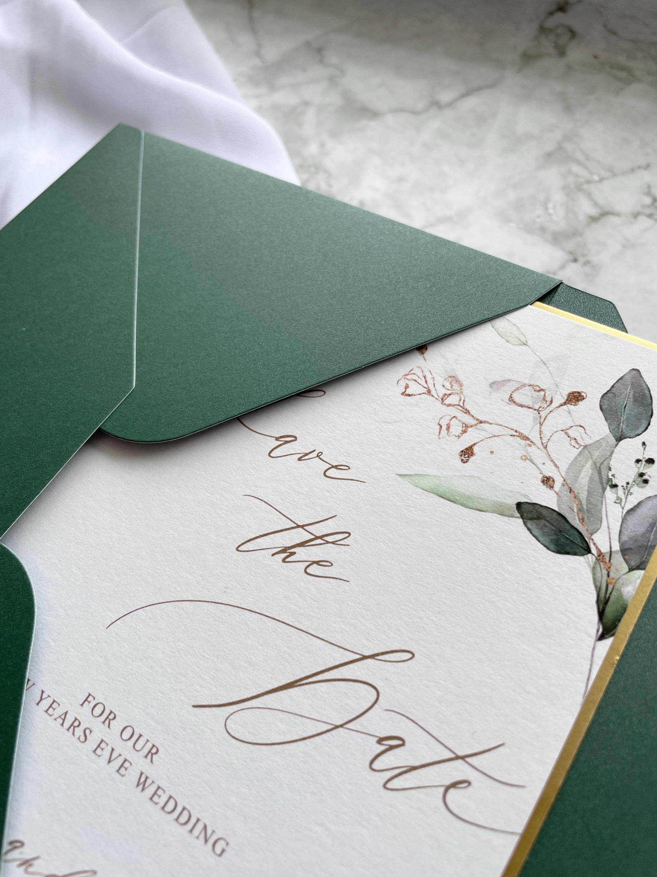 Boho Wedding Save The Date Gold And Emerald Green, Leafy Design with Gold Metallic Trim