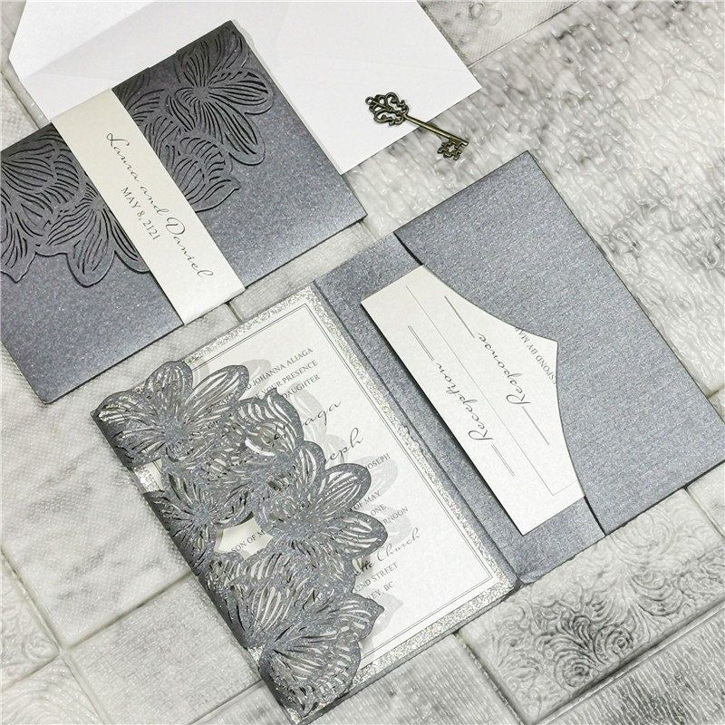 Laser Cut Wedding Invitation in Silver Grey Shimmer