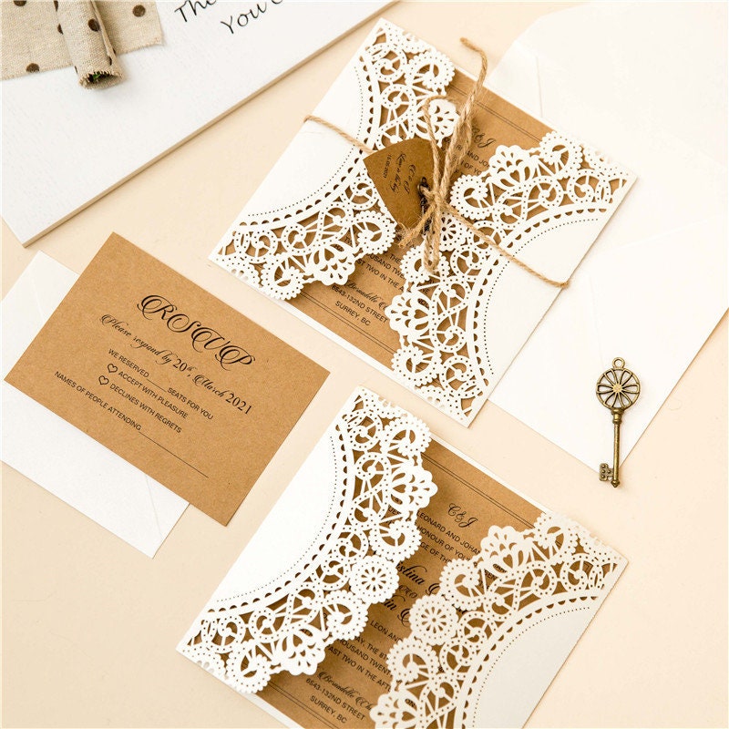 Laser Cut Wedding Invitation: Rustic Kraft & Ivory Shimmer