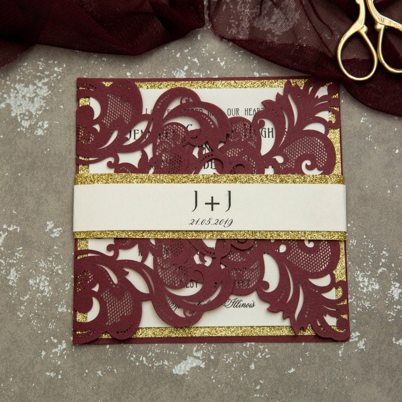 Burgundy & Gold Glitter Laser Cut Wedding Invitation Suite