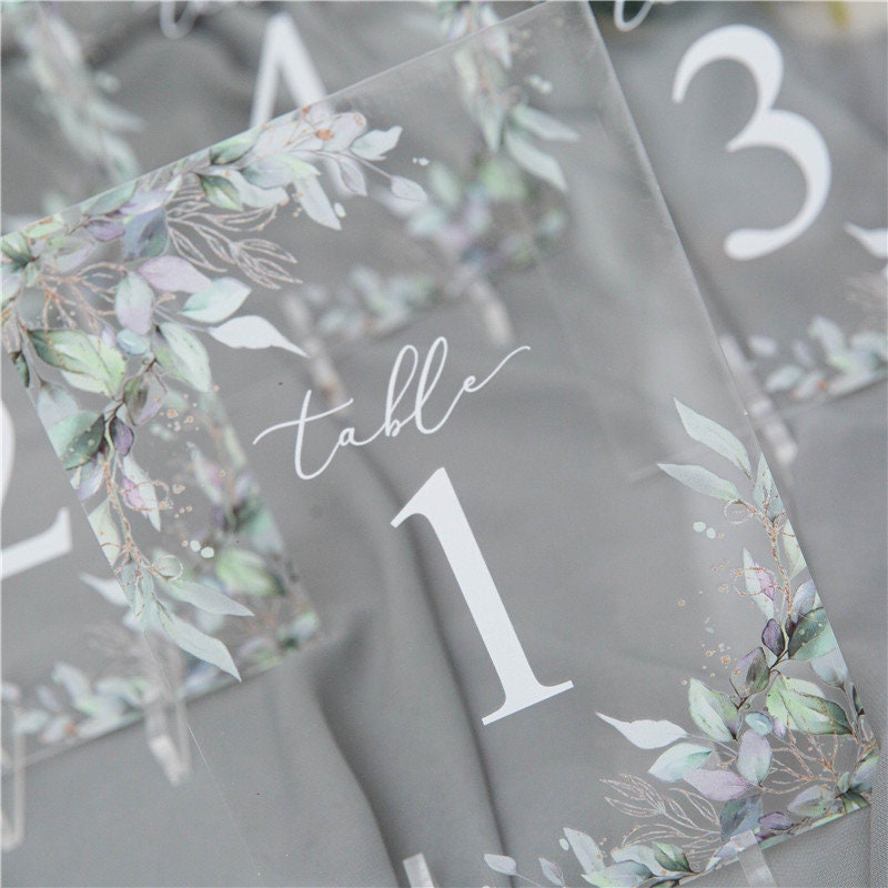 Boho Clear Acrylic Table Names & Numbers, Eucalyptus Foliage Design, Wedding Reception Decor