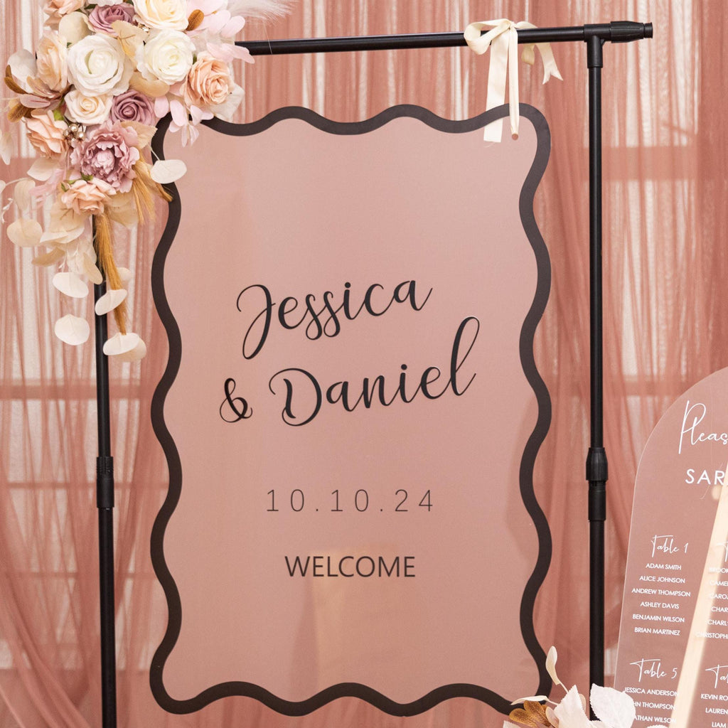 Wavy Modern Frosted Acrylic Wedding Welcome Sign, Black 3D Writing