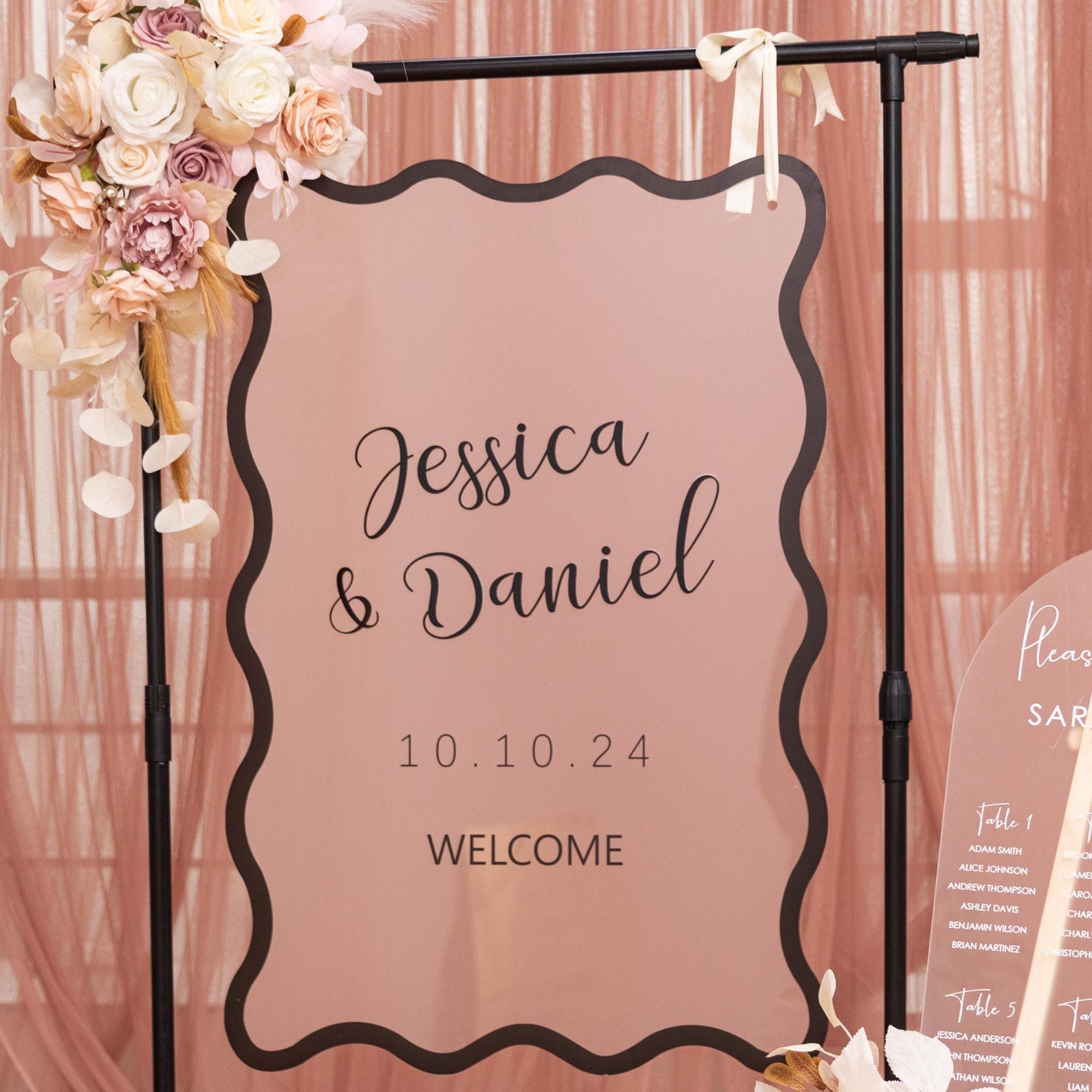 Wavy Modern Frosted Acrylic Wedding Welcome Sign, Black 3D Writing