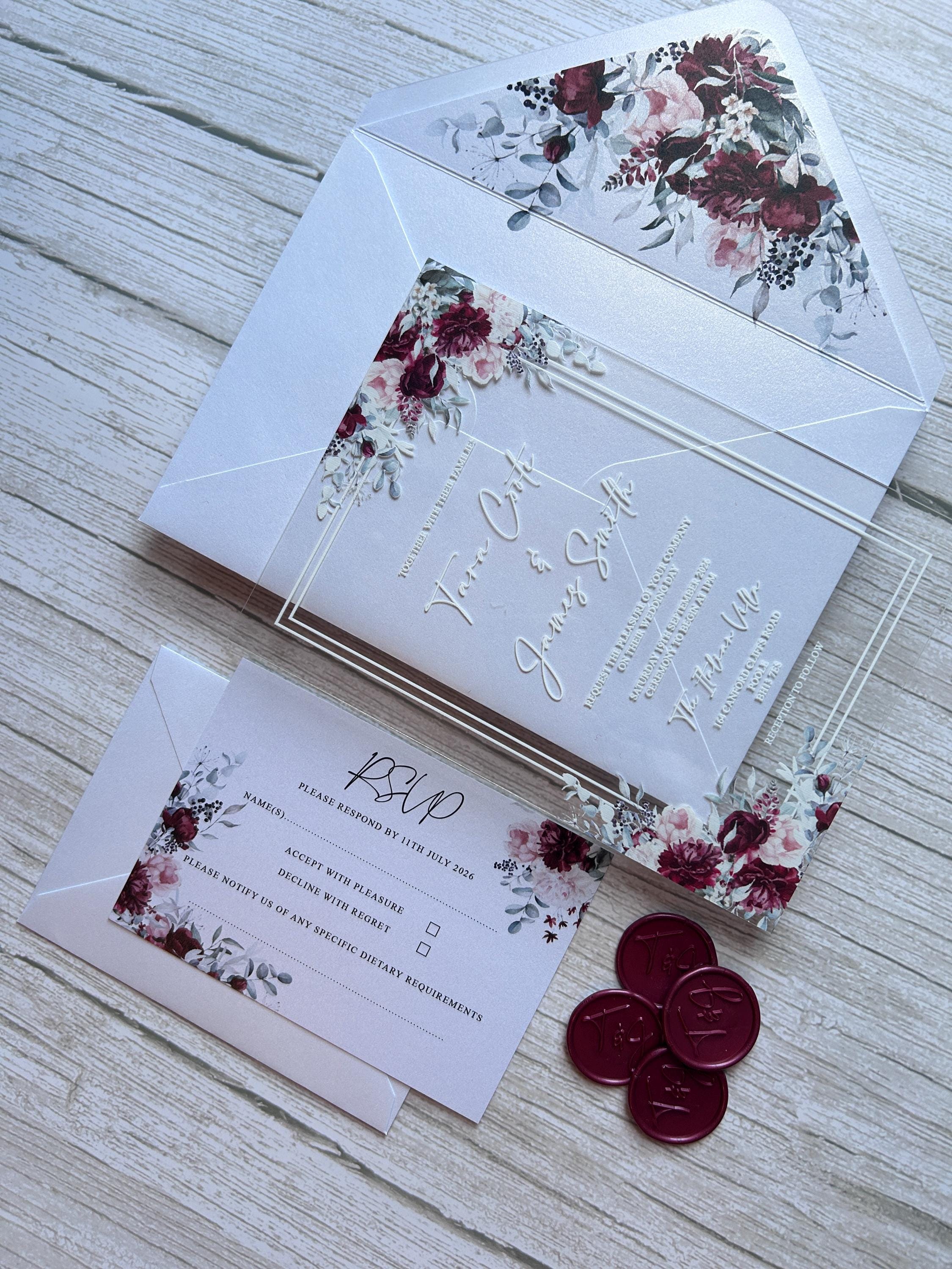 Acrylic Wedding Invitation with Wax Seal, Clear Floral Wedding Invite, Luxury Modern Wedding Stationery