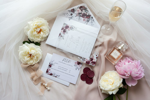 Acrylic Wedding Invitation with Wax Seal, Clear Floral Wedding Invite, Luxury Modern Wedding Stationery