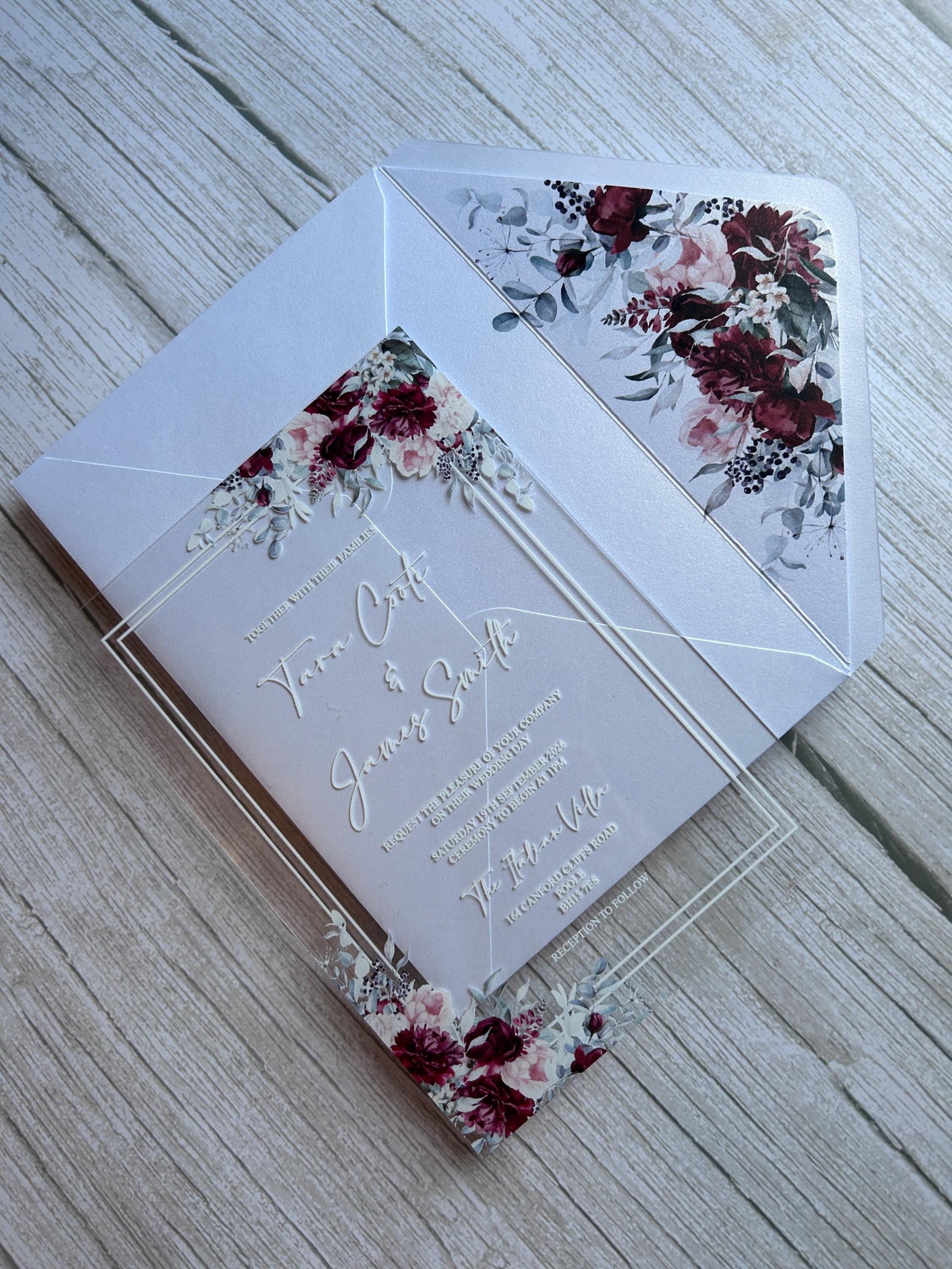 Acrylic Wedding Invitation with Wax Seal, Clear Floral Wedding Invite, Luxury Modern Wedding Stationery