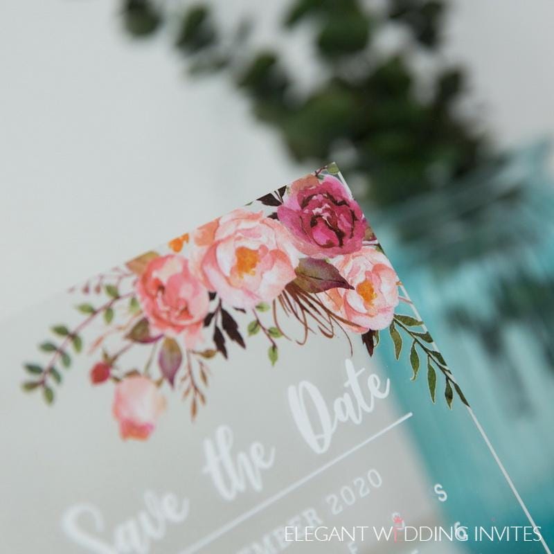 Wedding Invitation - Clear Acrylic Wedding Save The Date, Blush Floral Calendar