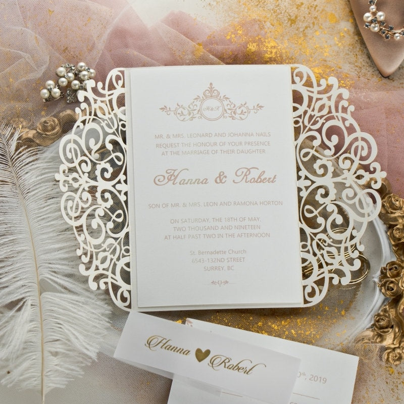 Champagne Gold Glitter Lasercut Gatefold Wedding Invitation with Vellum Belly Band & Gold Foiling