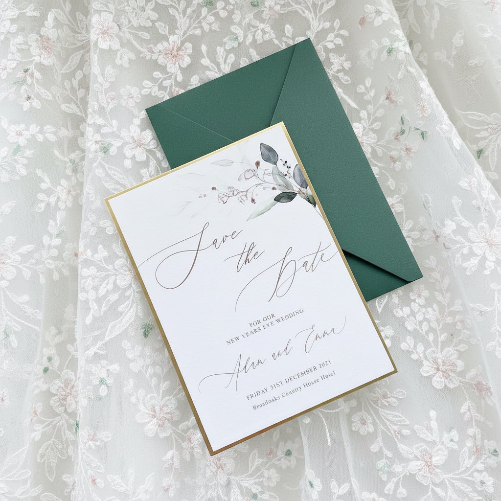 Boho Wedding Save The Date Gold And Emerald Green, Leafy Design with Gold Metallic Trim