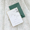Boho Wedding Save The Date Gold And Emerald Green, Leafy Design with Gold Metallic Trim