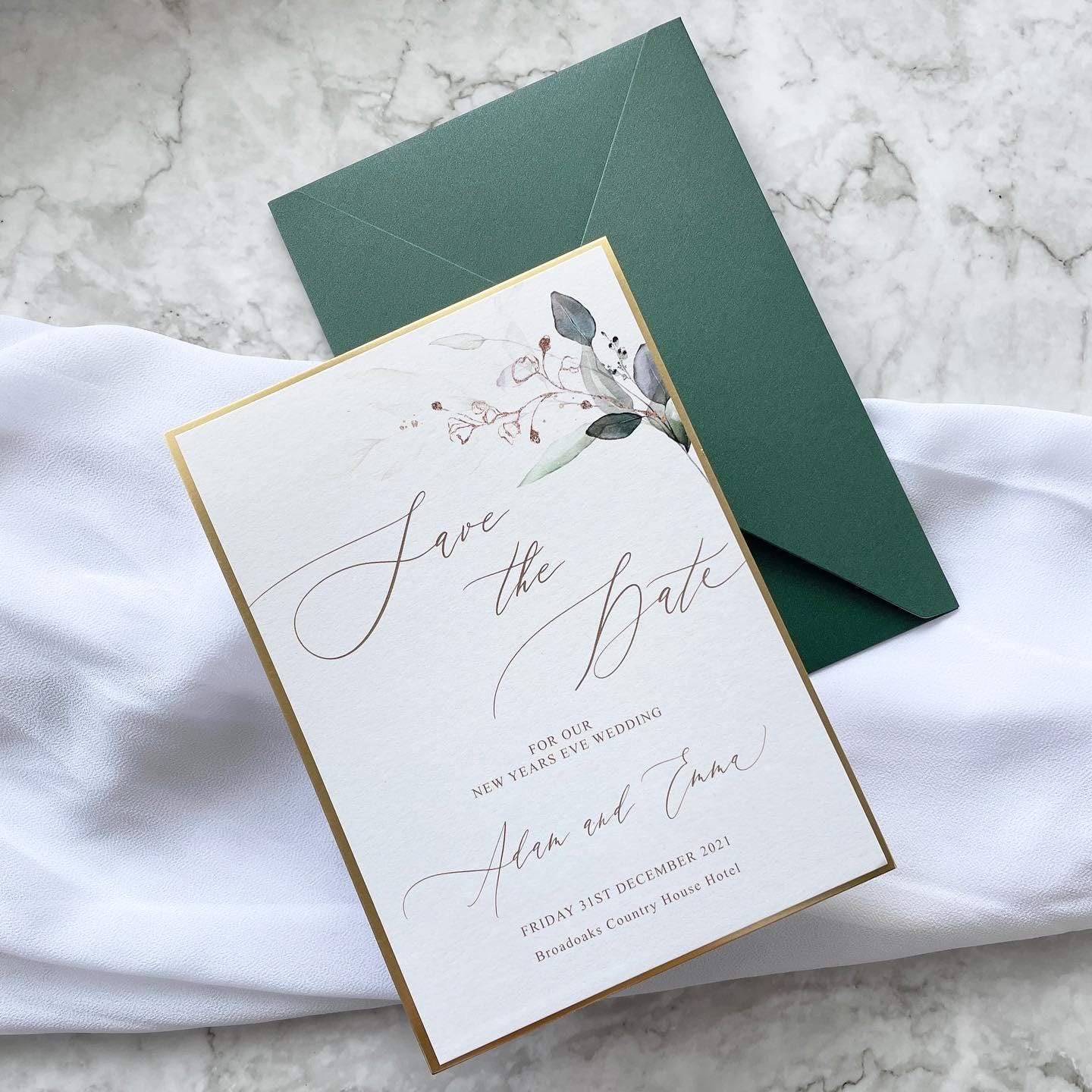 Boho Wedding Save The Date Gold And Emerald Green, Leafy Design with Gold Metallic Trim