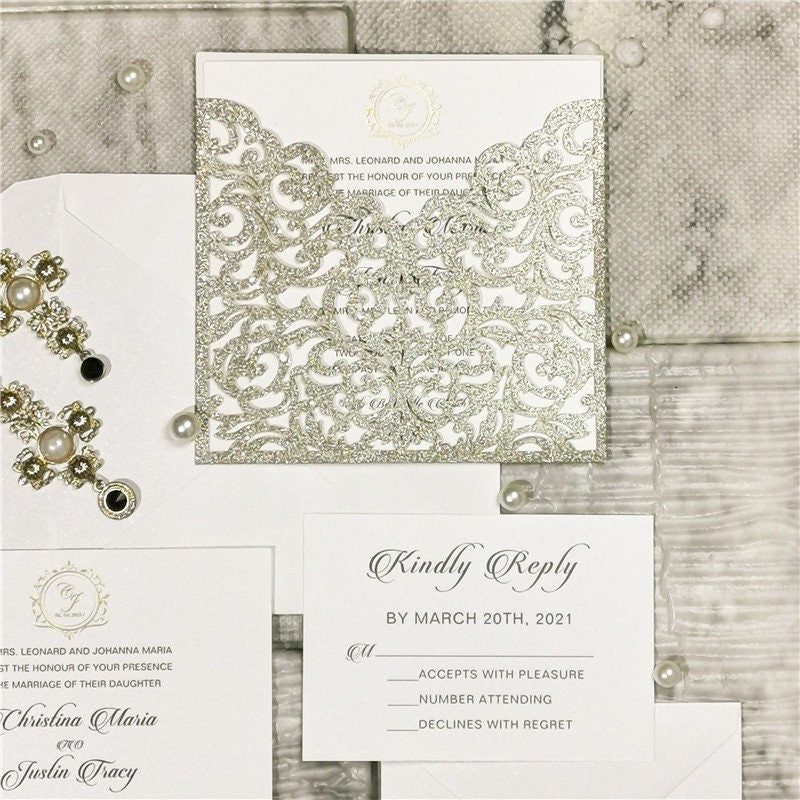 Champagne Gold Pocket Wedding Invitation with Gold Foiled Motif Detailing
