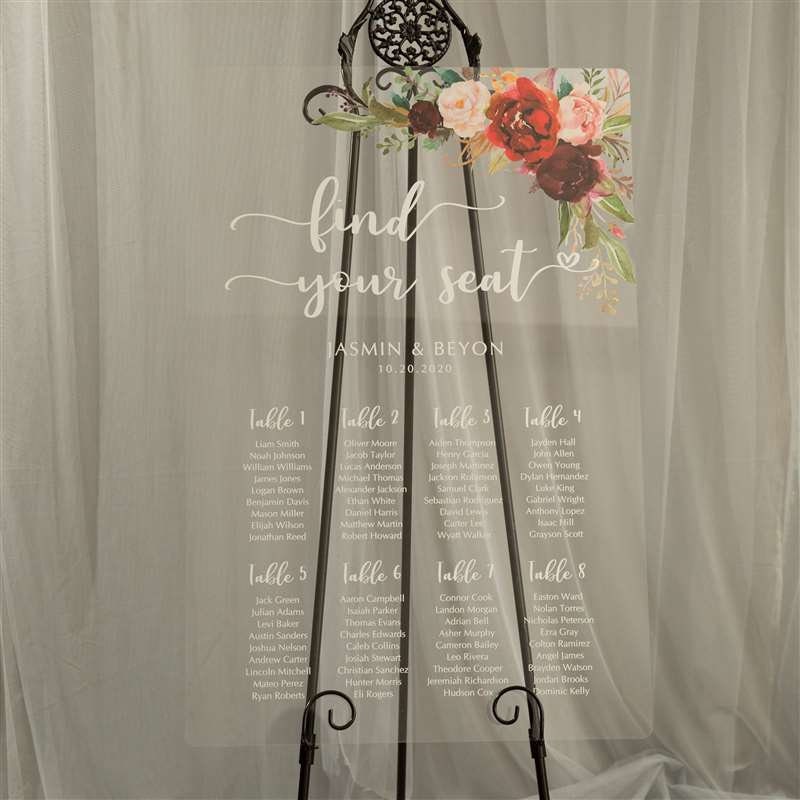 Burgundy Floral Acrylic Wedding Seating Plan Sign
