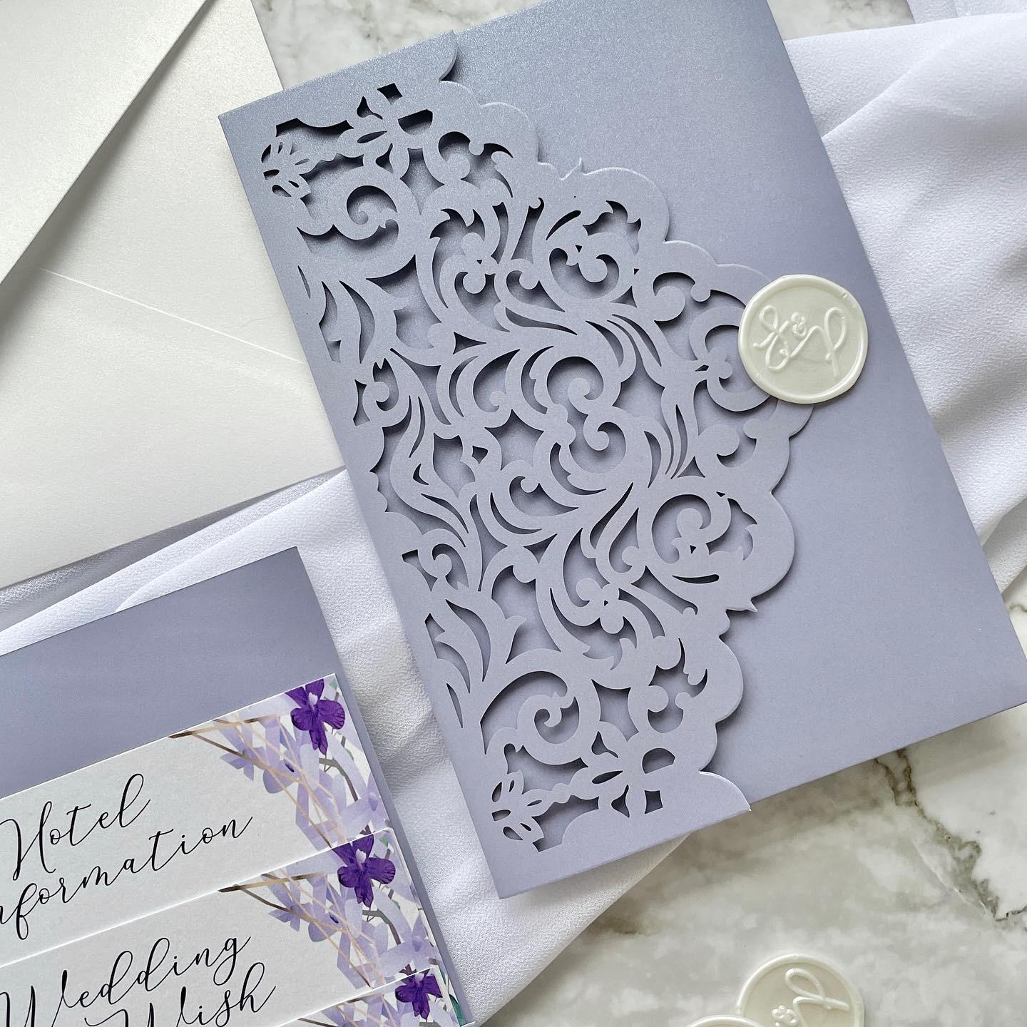 Lilac Purple Lasercut Wedding Invite | Gold Detail, Floral Inserts