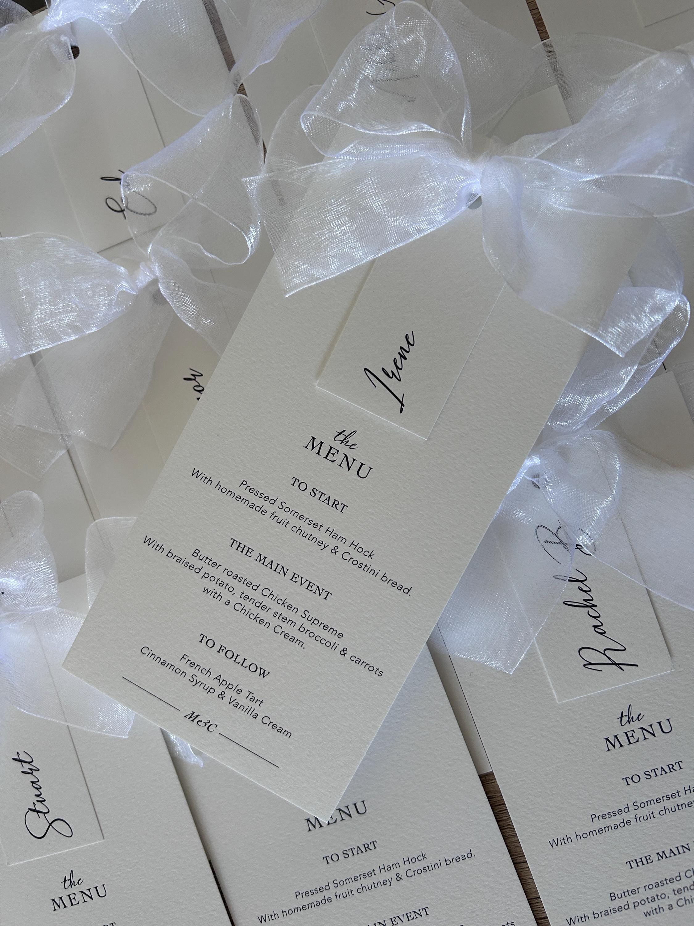 Modern Wedding Menu with Chiffon Bow & Guest Name