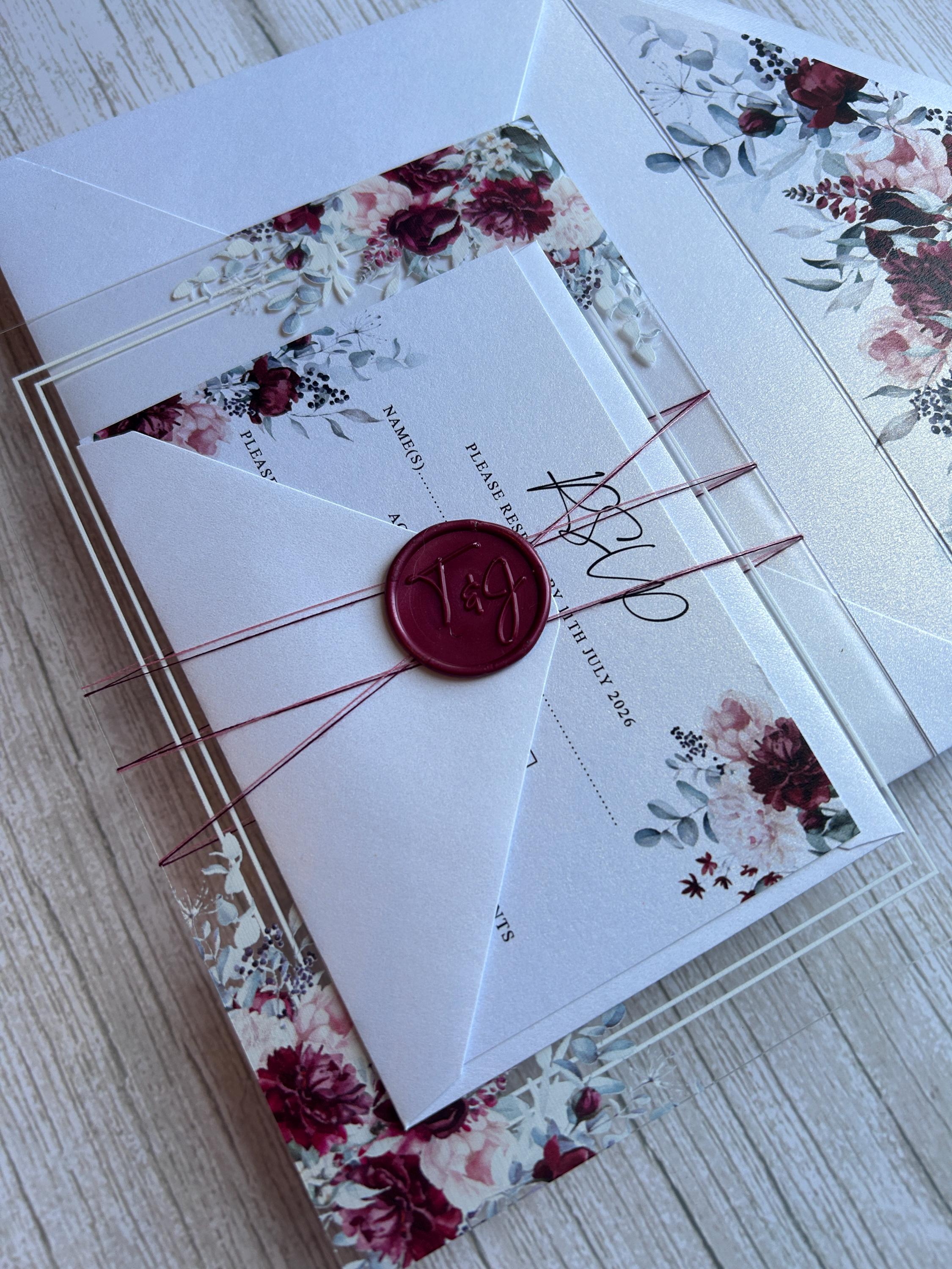Acrylic Wedding Invitation with Wax Seal, Clear Floral Wedding Invite, Luxury Modern Wedding Stationery