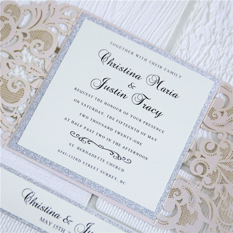 Blush Pink Laser Cut Wedding Invitation with Silver Glitter