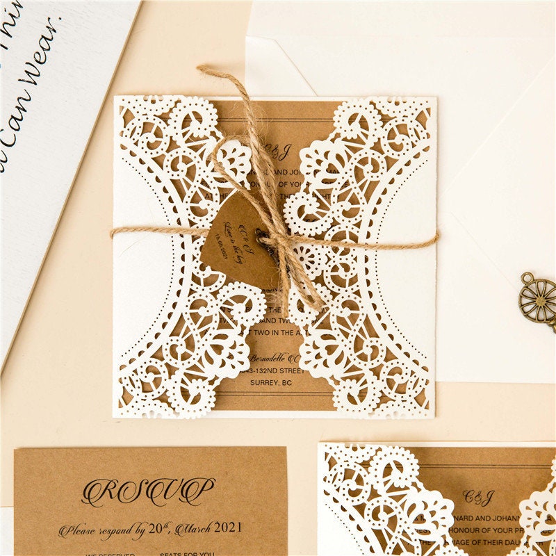 Laser Cut Wedding Invitation: Rustic Kraft & Ivory Shimmer