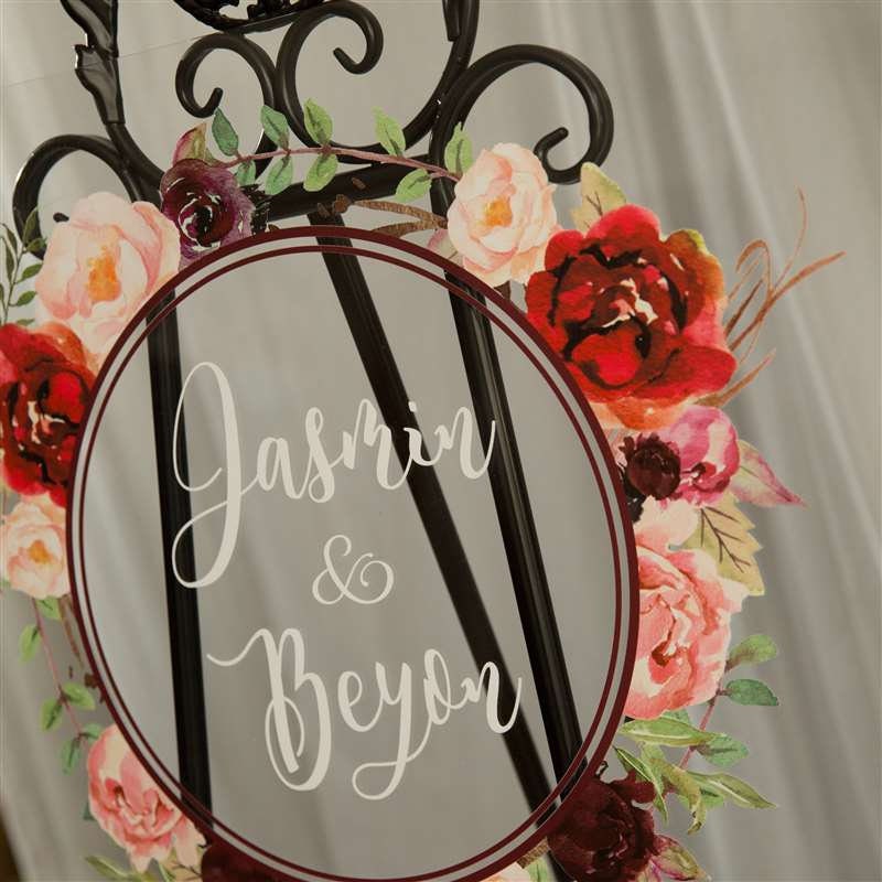 Burgundy Floral Acrylic Wedding Seating Chart, Calligraphy Sign