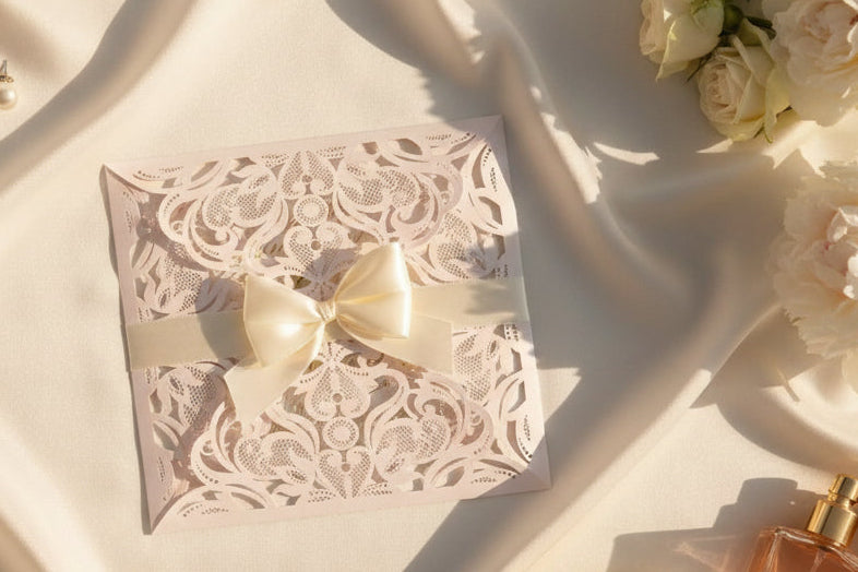 Blush Pink & Ivory Lasercut Wedding Invite with Ivory Ribbon Bow