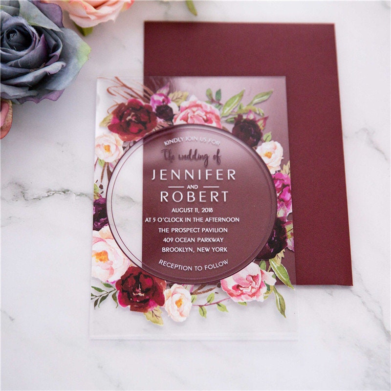 Acrylic Clear Burgundy Red Floral Wreath Wedding Invitation