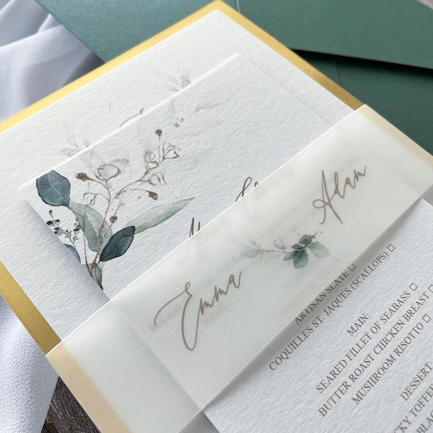 Emerald Green & Gold Mirror Wedding Invitation