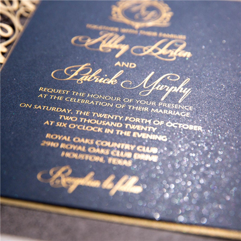 Gold Lasercut Wedding Invitation, Navy Bellyband & Gold Foiling