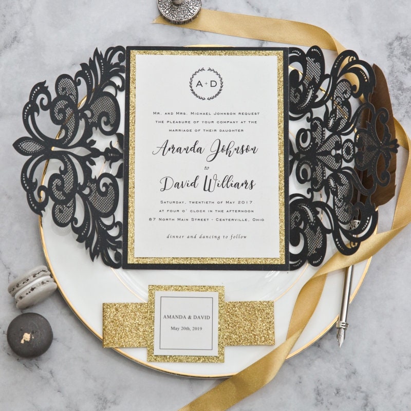 Black Laser Cut Wedding Invitation with Gold Glitter Accent