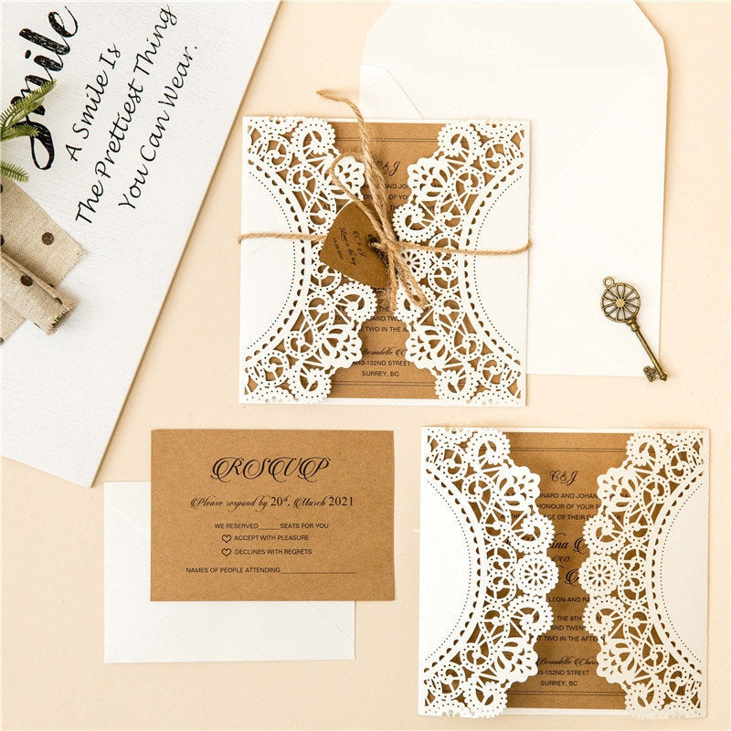 Laser Cut Wedding Invitation: Rustic Kraft & Ivory Shimmer