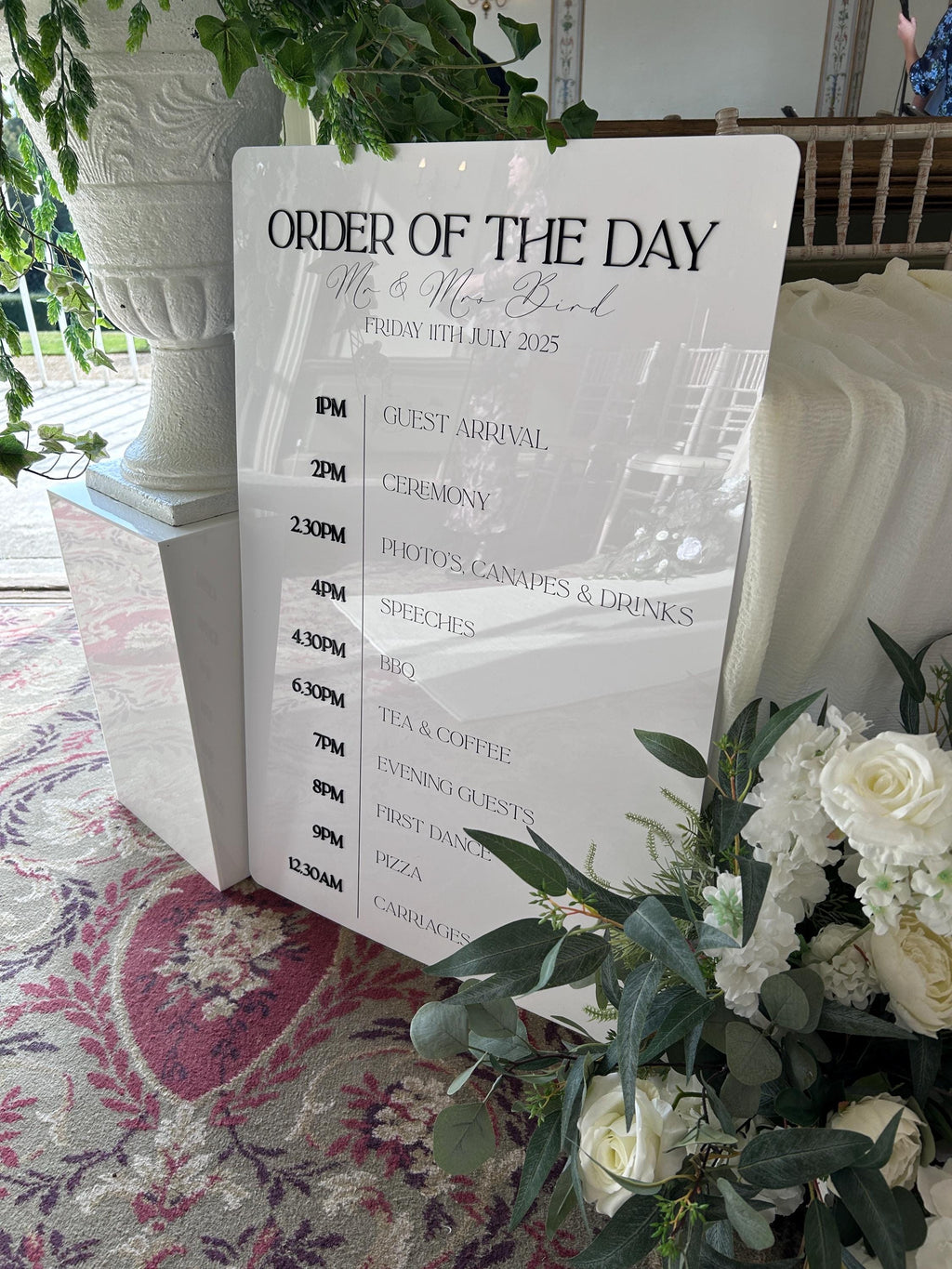 Monochrome Modern Black and White Wedding Order of the Day Signage with 3D Lettering