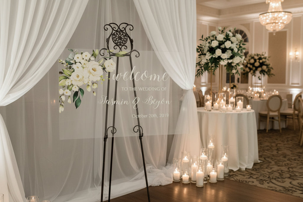 White Elegant Floral Acrylic Welcome Sign