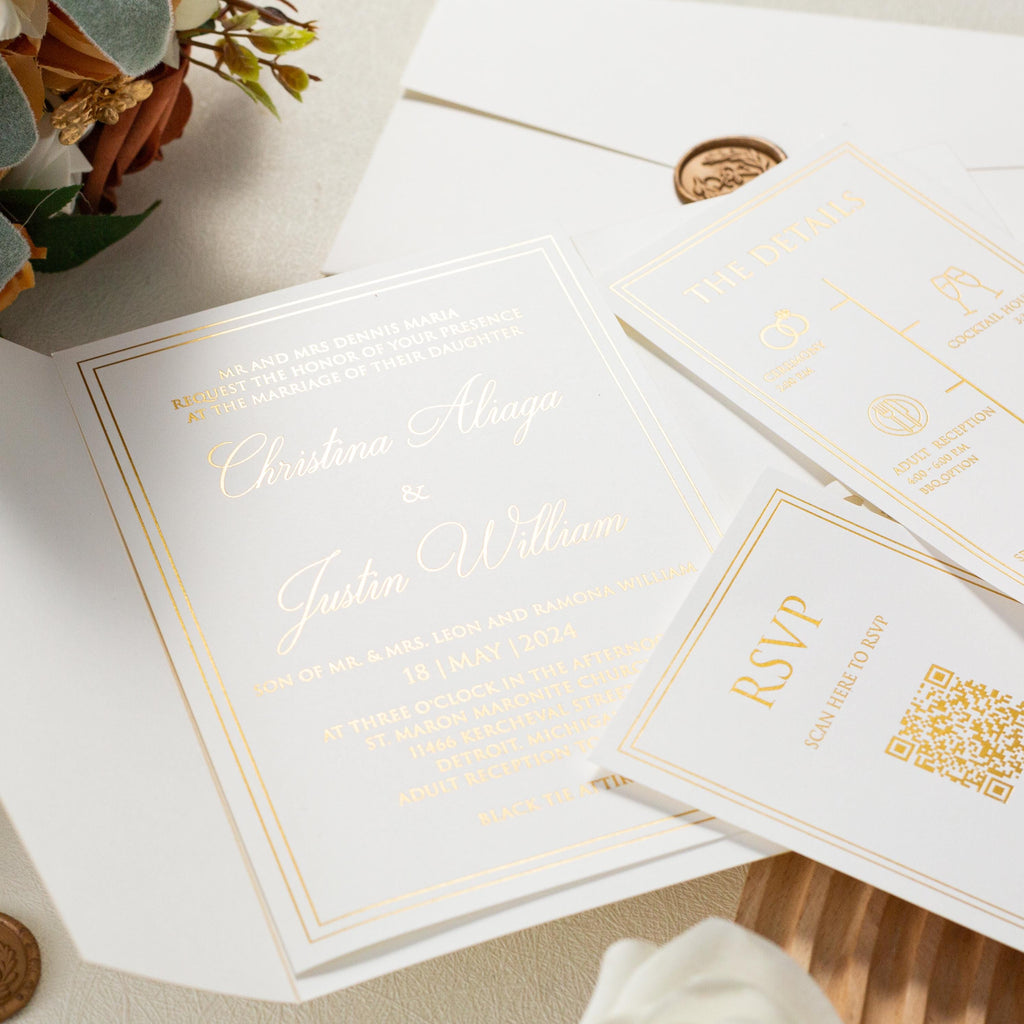 Ivory Shimmer Pocketfold Lasercut Wedding Invitation with Gold Foil and Wax Seal Detailing