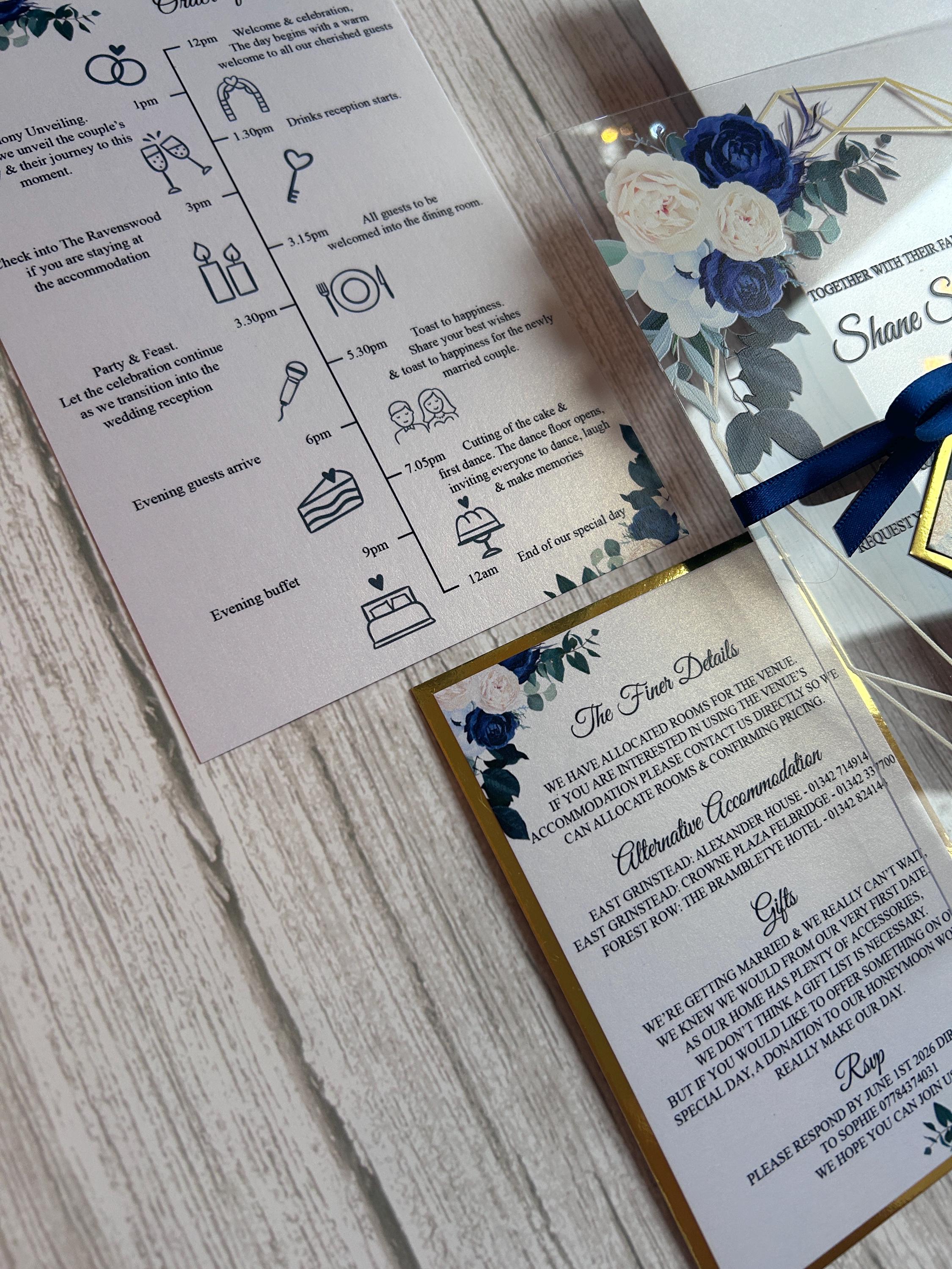 Clear Acrylic Wedding Invitation Suite, Navy & Ivory Floral Invite with Gold Geometric Frame, Luxury Modern Wedding Invitations