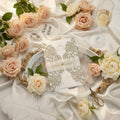 Champagne Gold Glitter Lasercut Gatefold Wedding Invitation with Vellum Belly Band & Gold Foiling