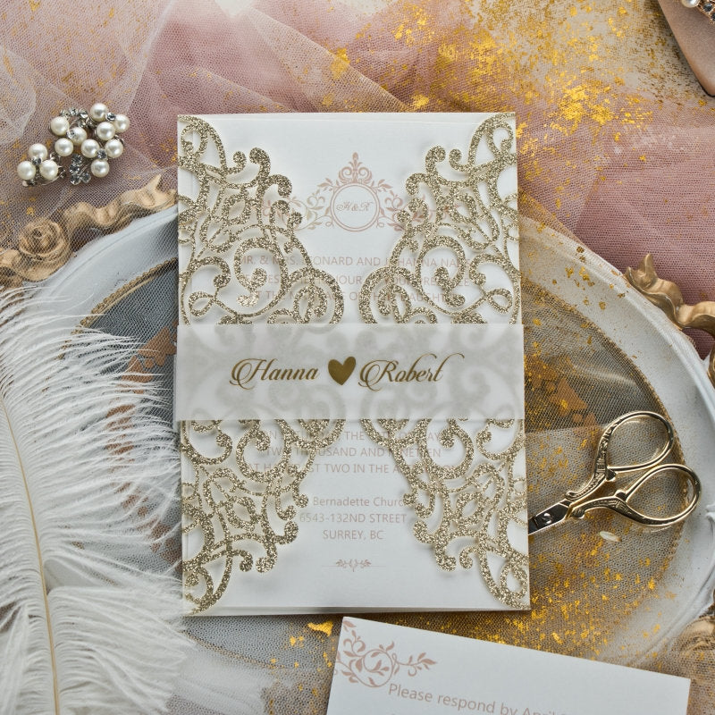 Champagne Gold Glitter Lasercut Gatefold Wedding Invitation with Vellum Belly Band & Gold Foiling