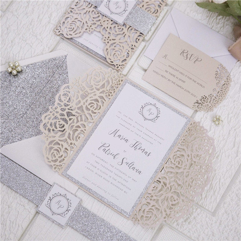 Blush & Silver Laser Cut Wedding Invitation, Glitter Belly Band