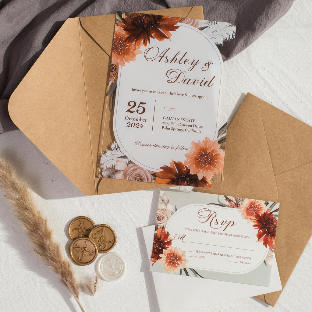 Burnt Orange Floral Acrylic Wedding Invitation | Autumn Theme