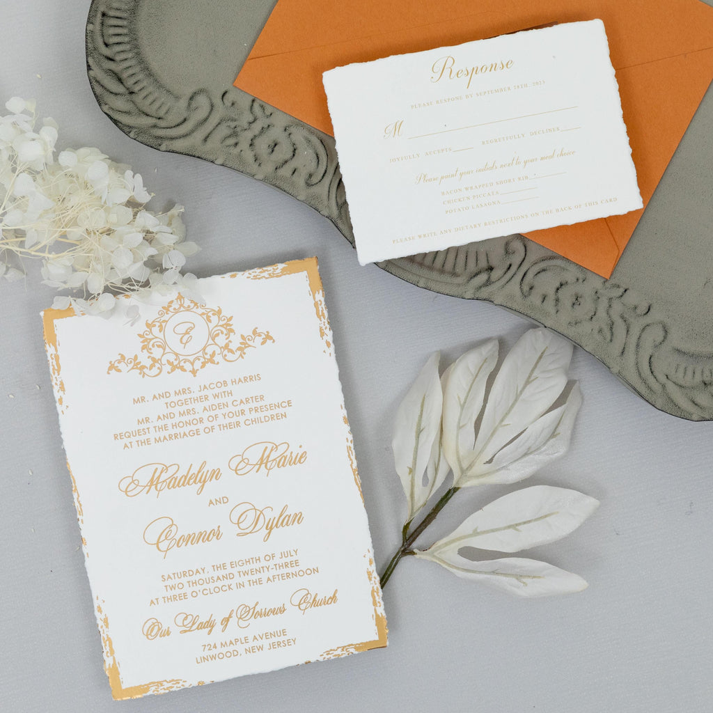 Deckle Edge Gold Foiled Wedding Invitation with RSVP matching Envelope | Modern Wedding Invite