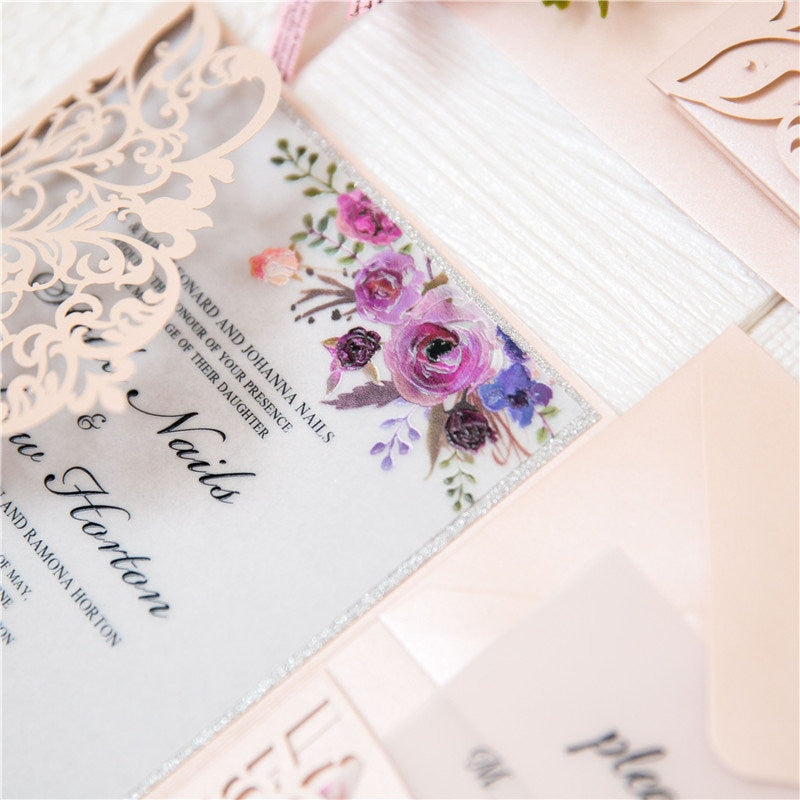 Vellum Laser Cut Wedding Invitation: Blush Floral, Silver Glitter