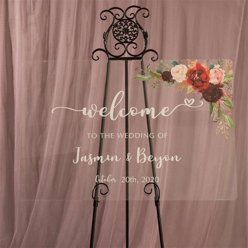 Burgundy Floral Acrylic Wedding Welcome Sign