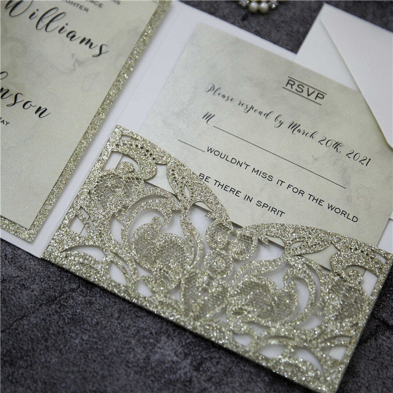 Champagne Gold Glitter Pocket fold Lasercut Wedding Invitation